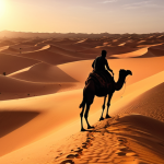 **Camel riding at sunset in the Moroccan desert:** Golden sand dunes, a silhouette of a person riding a camel, warm sunlight, vast desert landscape.